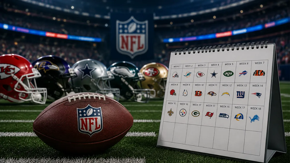 NFL bye week schedule chart with team helmets and football